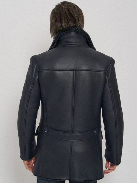 Black Classic Pea Shearling Premium Leather Coat For Men model back