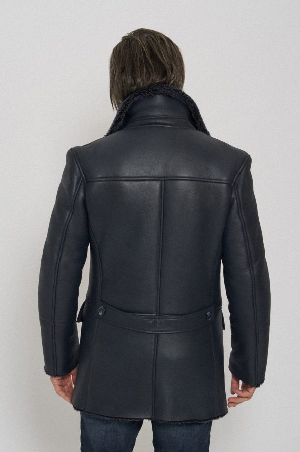 Black Classic Pea Shearling Premium Leather Coat For Men model back