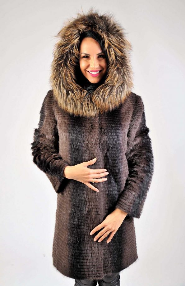 Brown Hooded Fur Pullover Coat For Women with hood