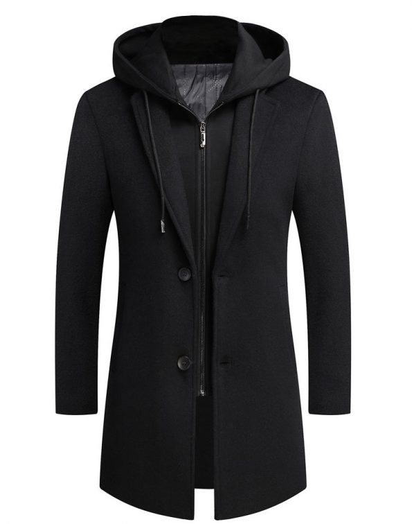 Casual Warm Winter Wool Hooded Coat For Men black front