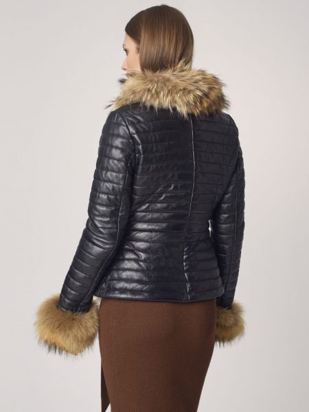 Classic Fur Collar and Cuffs Leather Jacket For Women back