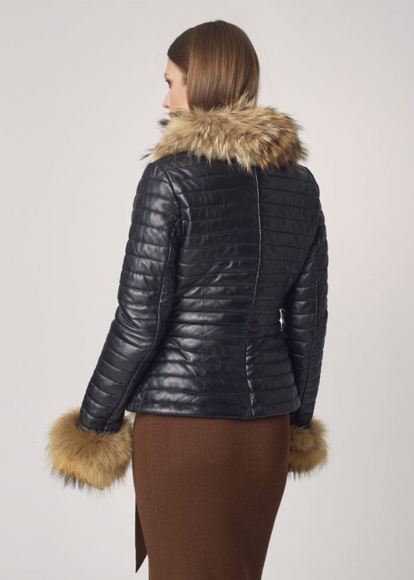 Classic Fur Collar and Cuffs Leather Jacket For Women back