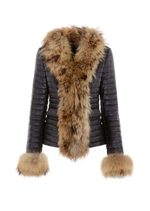 Classic Fur Collar and Cuffs Leather Jacket For Women front look