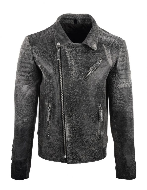 Crackle Style Biker Leather Jacket For Men front demo