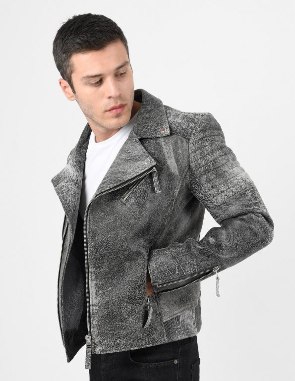 Crackle Style Biker Leather Jacket For Men front style