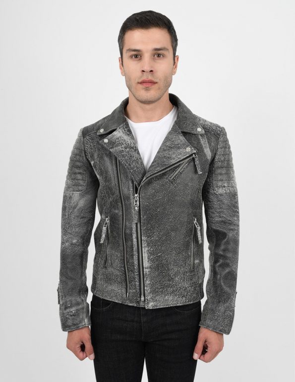 Crackle Style Biker Leather Jacket For Men model front zip open