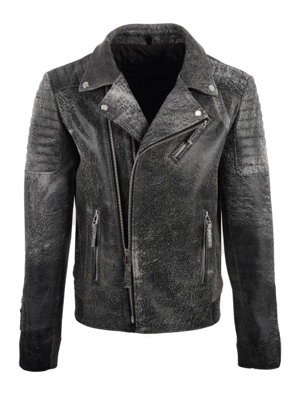 Crackle Style Biker Leather Jacket For Men open zip