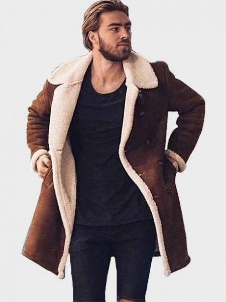 Fur Collar Shearling Double-Breasted Leather Coat For Men front style