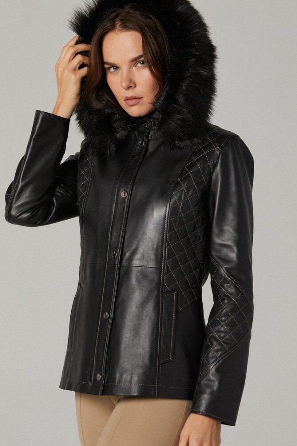 Fur Hoodie Sheepskin Leather Jacket For Women black