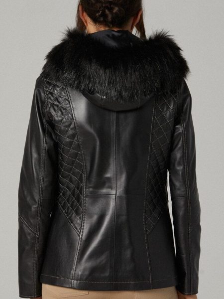 Fur Hoodie Sheepskin Leather Jacket For Women black back