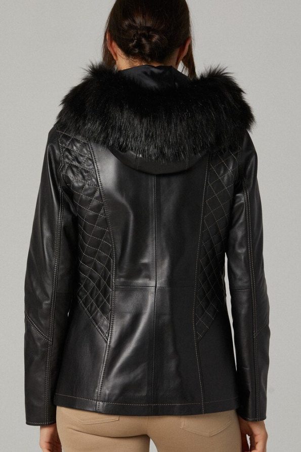 Fur Hoodie Sheepskin Leather Jacket For Women black back