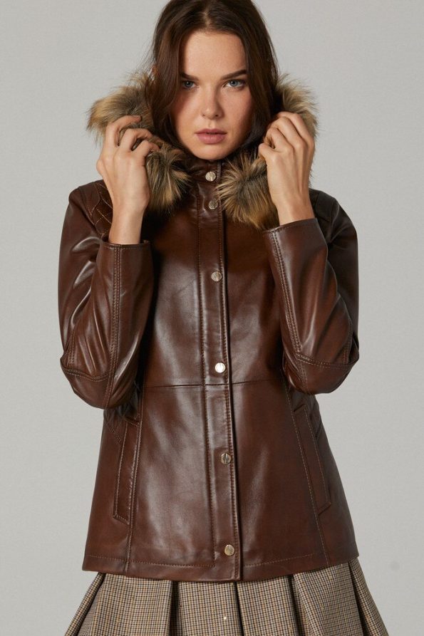 Fur Hoodie Sheepskin Leather Jacket For Women brown