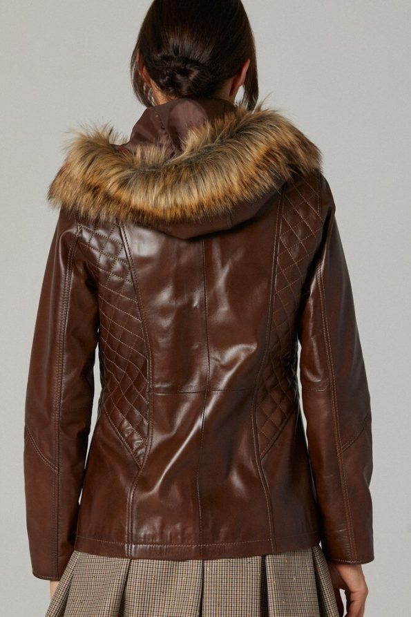 Fur Hoodie Sheepskin Leather Jacket For Women brown back