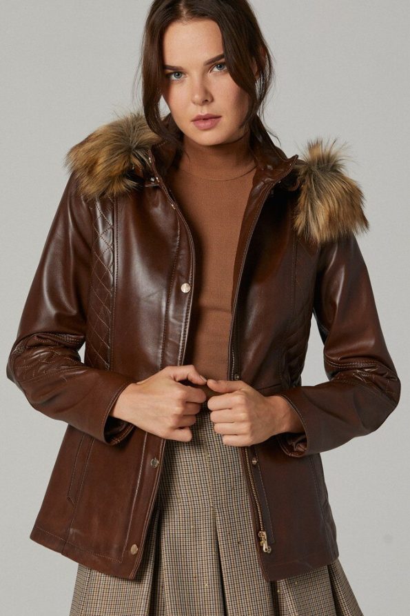 Fur Hoodie Sheepskin Leather Jacket For Women brown front