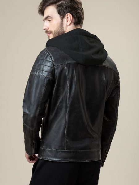 Hoodie Bomber Fit Leather Jacket For Men back