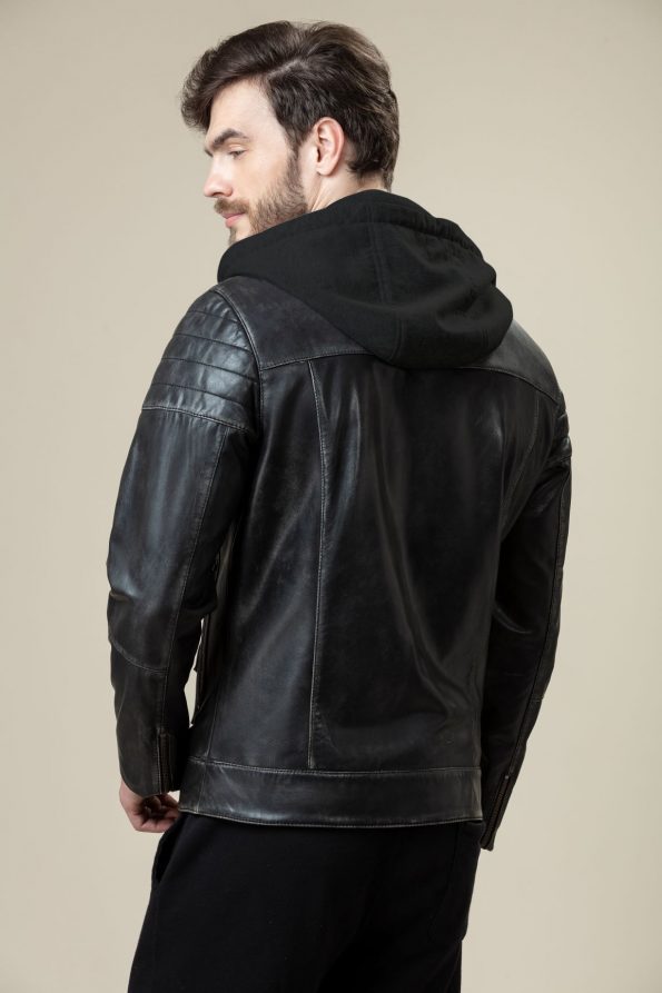 Hoodie Bomber Fit Leather Jacket For Men back