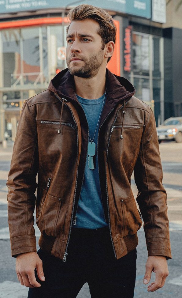 Leather Jacket With Removable Hood Genuine Leather Jackets For Men brown front