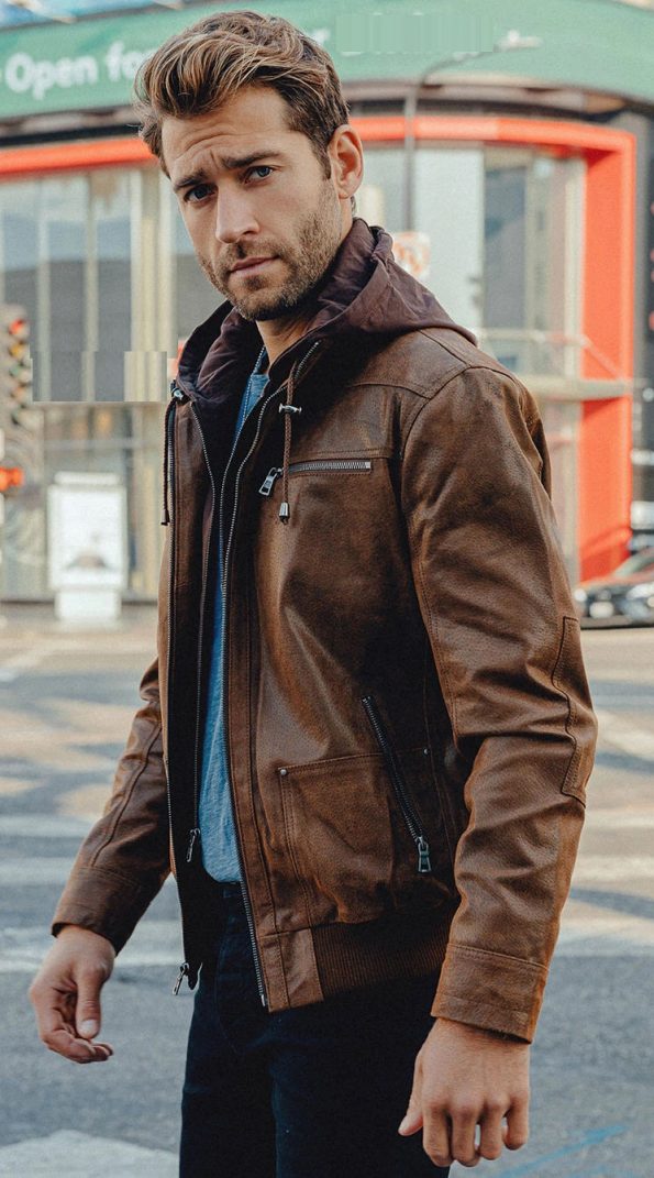 Leather Jacket With Removable Hood Genuine Leather Jackets For Men brown side 2