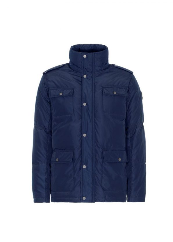 Luxurious look Detachable Hood Classic Winter Jacket For Men navy blue front without hood