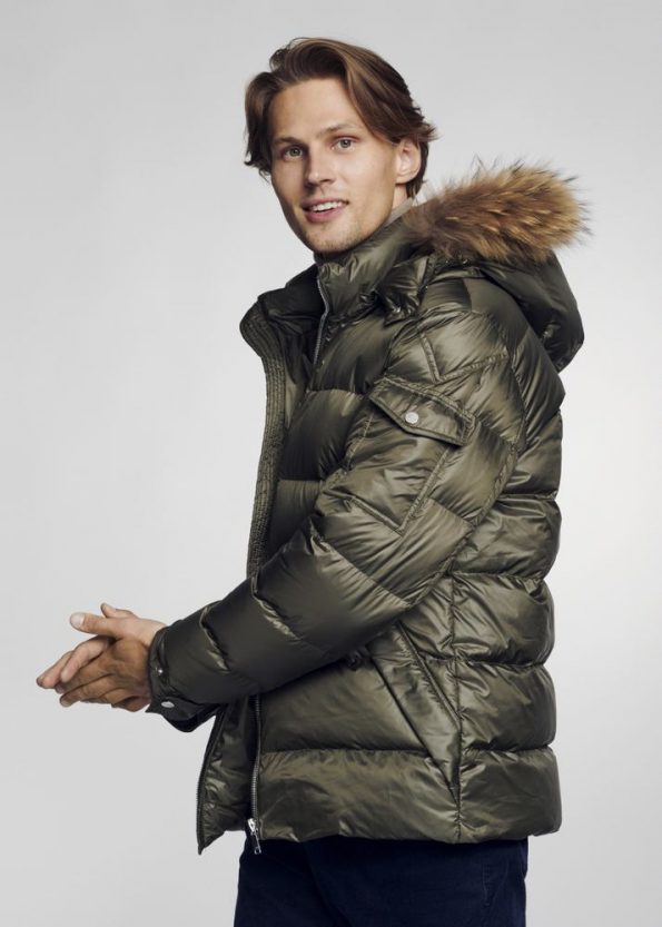 Luxurious look Mens Winter Jacket With Fur Trim New 2022 olive color.jpg side pose