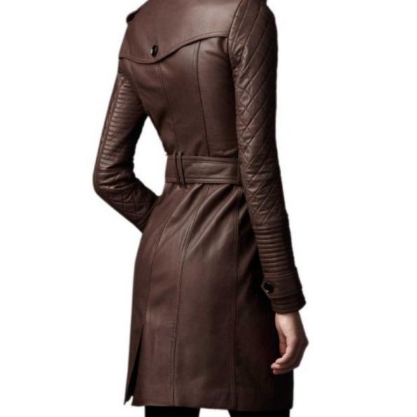 Sheepskin Leather Trench Coat For Women Brown Trench Coat back