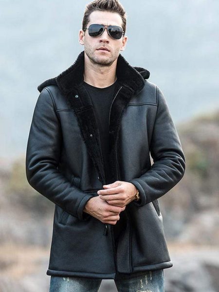 Trench Shearling Hooded Leather Coat For Men front2