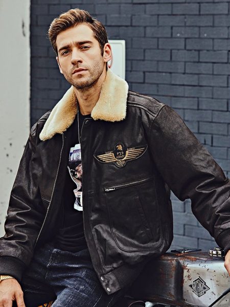 Vintage Style Shearling Flying Army Leather Jacket For Men black