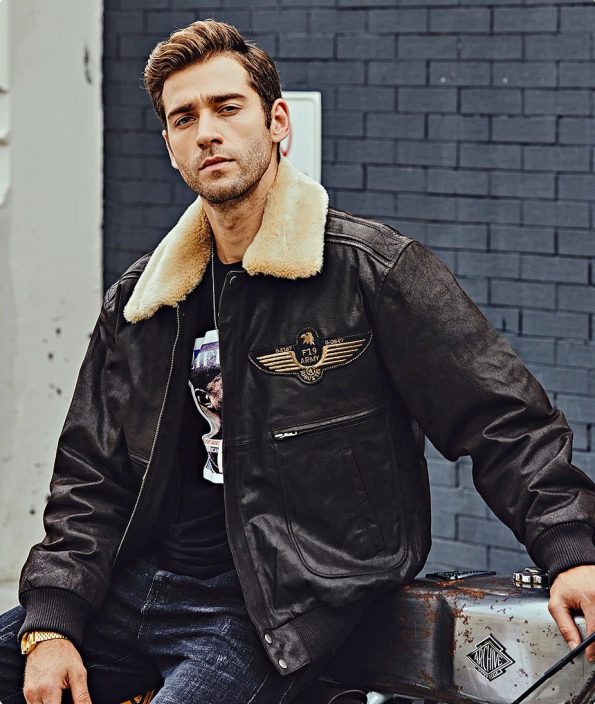 Vintage Style Shearling Flying Army Leather Jacket For Men black