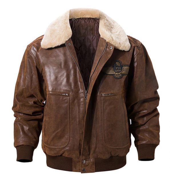 Vintage Style Shearling Flying Army Leather Jacket For Men brown front