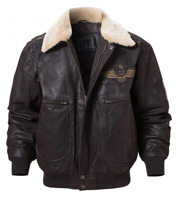 Vintage Style Shearling Flying Army Leather Jacket For Men front black