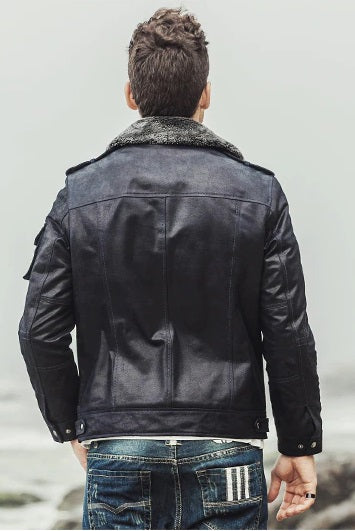 Winter Black Snuff Shearling Leather Jacket For Men back