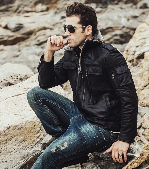 Winter Black Snuff Shearling Leather Jacket For Men sitting side