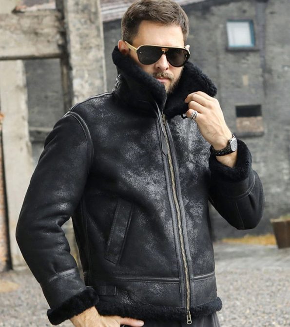 Winter Style Black Snuff Fur Leather Jacket For Men collar