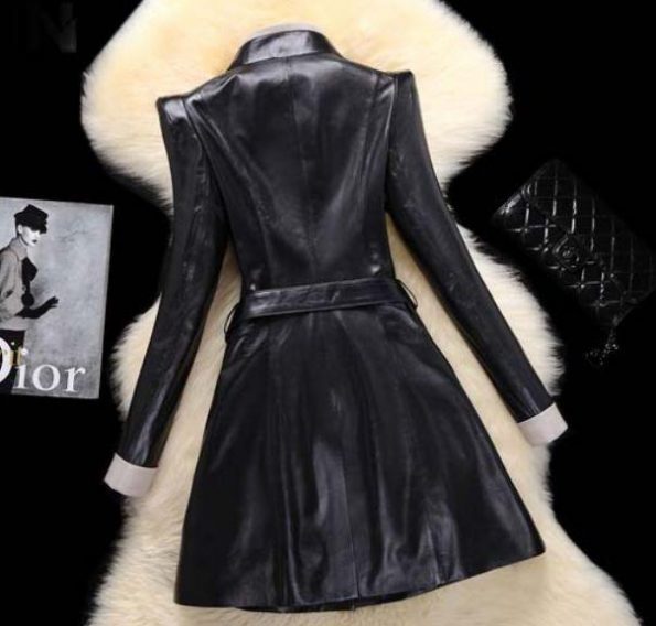 Woman Leather Overcoat Sheepskin Winter Long Slim Leather Coat black collar