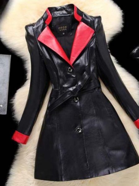 Woman Leather Overcoat Sheepskin Winter Long Slim Leather Coat red collar