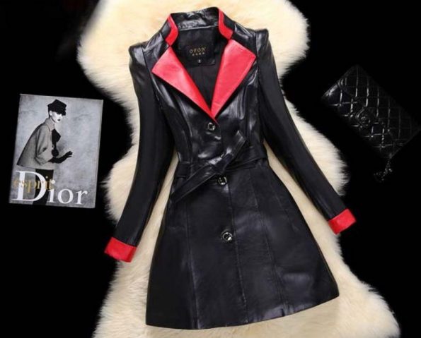 Woman Leather Overcoat Sheepskin Winter Long Slim Leather Coat red collar