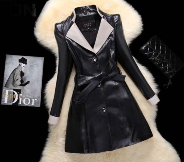 Woman Leather Overcoat Sheepskin Winter Long Slim Leather Coat silver collar