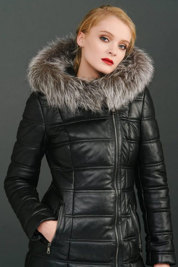 Women’s Winter Fur Hooded Leather Coat 2022 Best Winter Coat For Women in Black color