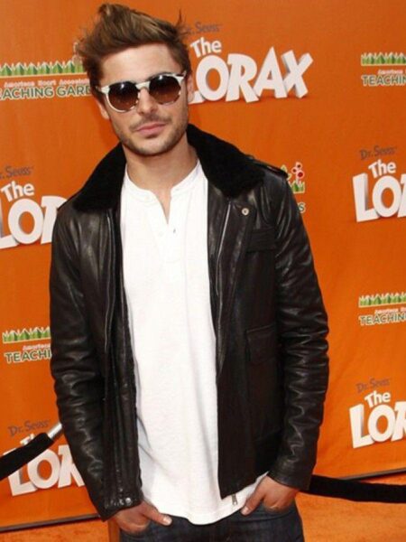 Zac Efron Black Leather Faux Fur Collar Jacket by TJS