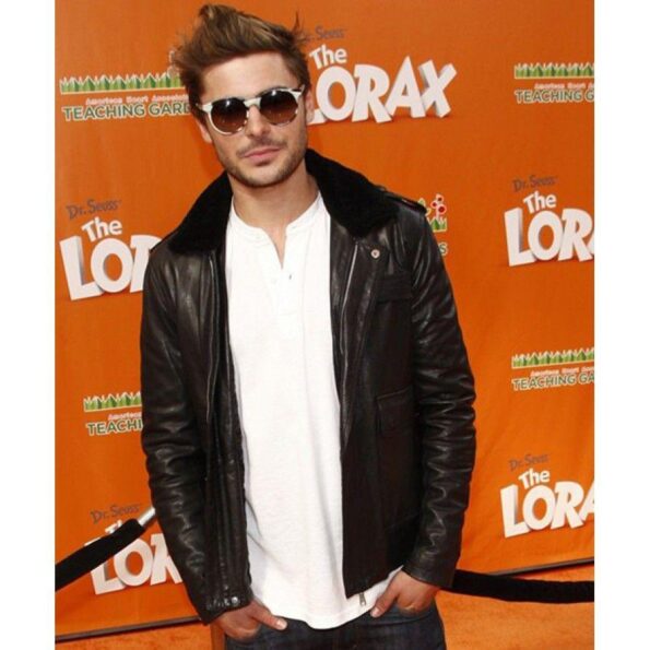 Zac Efron Black Leather Faux Fur Collar Jacket by TJS