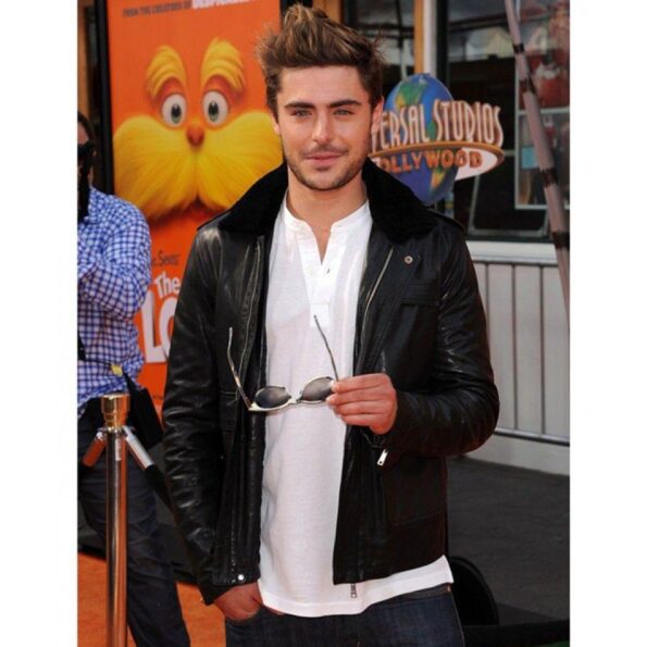 Zac Efron Black Leather Faux Fur Collar Jacket by TJS