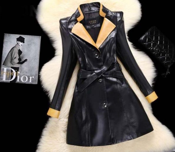 Woman Leather Overcoat Sheepskin Winter Long Slim Leather Coat Brown collar