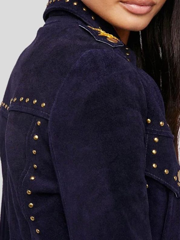 Cropped Suede Leather Jacket with Studs For Women