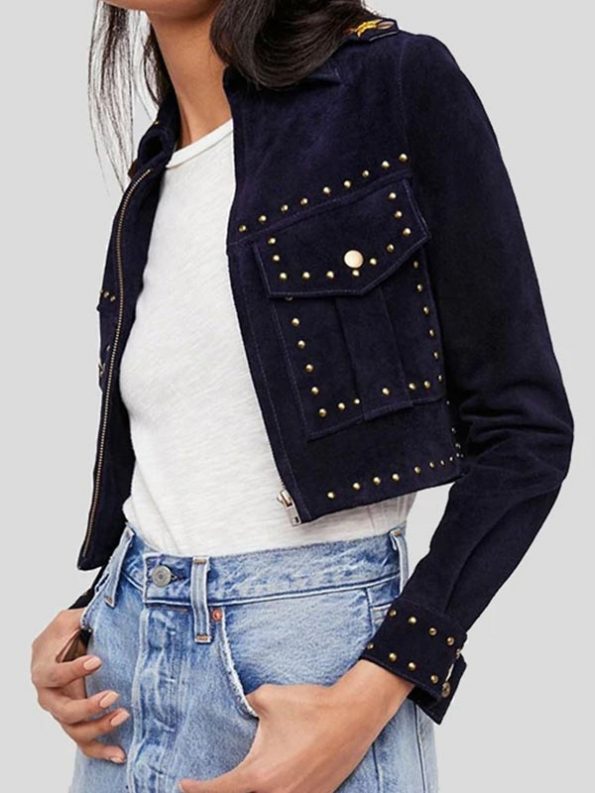 Cropped Suede Leather Jacket with Studs For Women Front