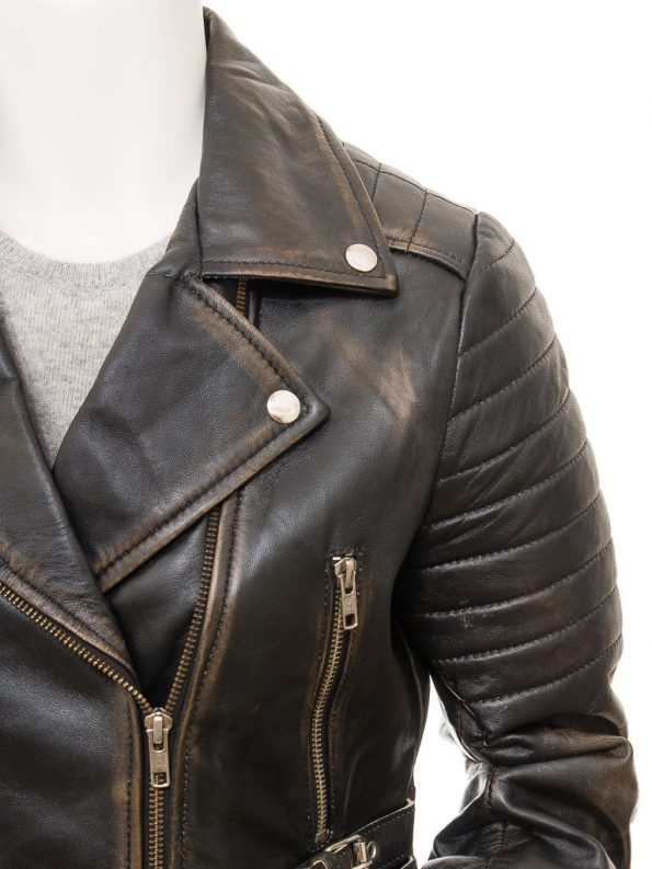 Vintage Leather Biker Jacket For Women Shoulder